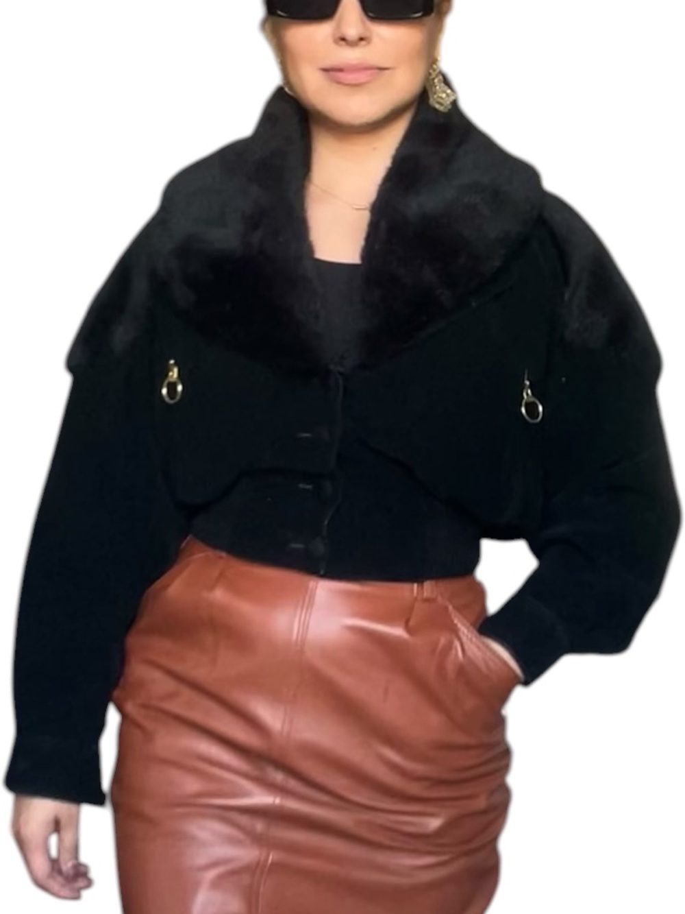Faux Suede Cropped Jacket w/ Removable Faux Fur Collar | Luxe Statement- Small - Picture 4 of 12